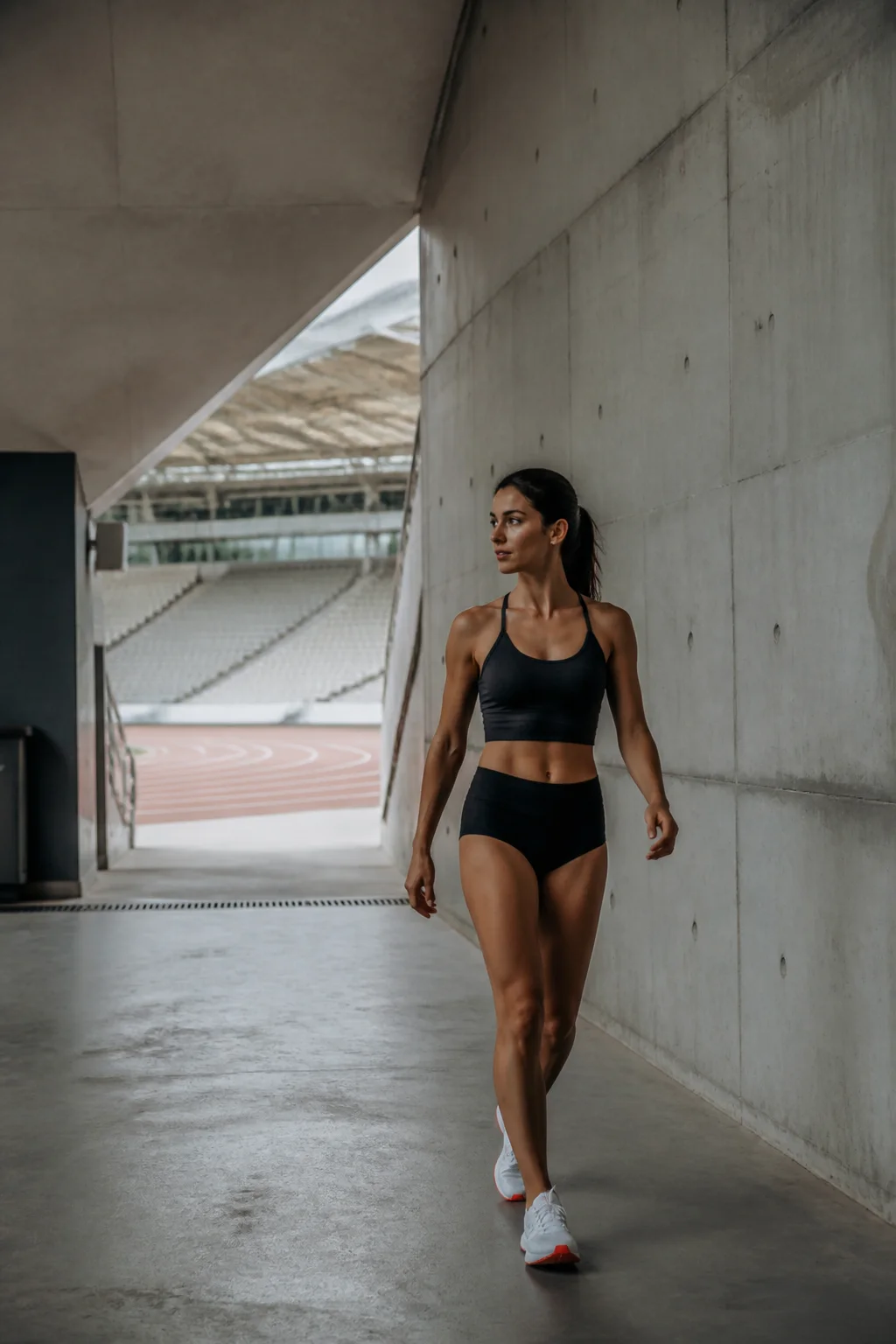 Runner walking through a concrete stadium tunnel before training